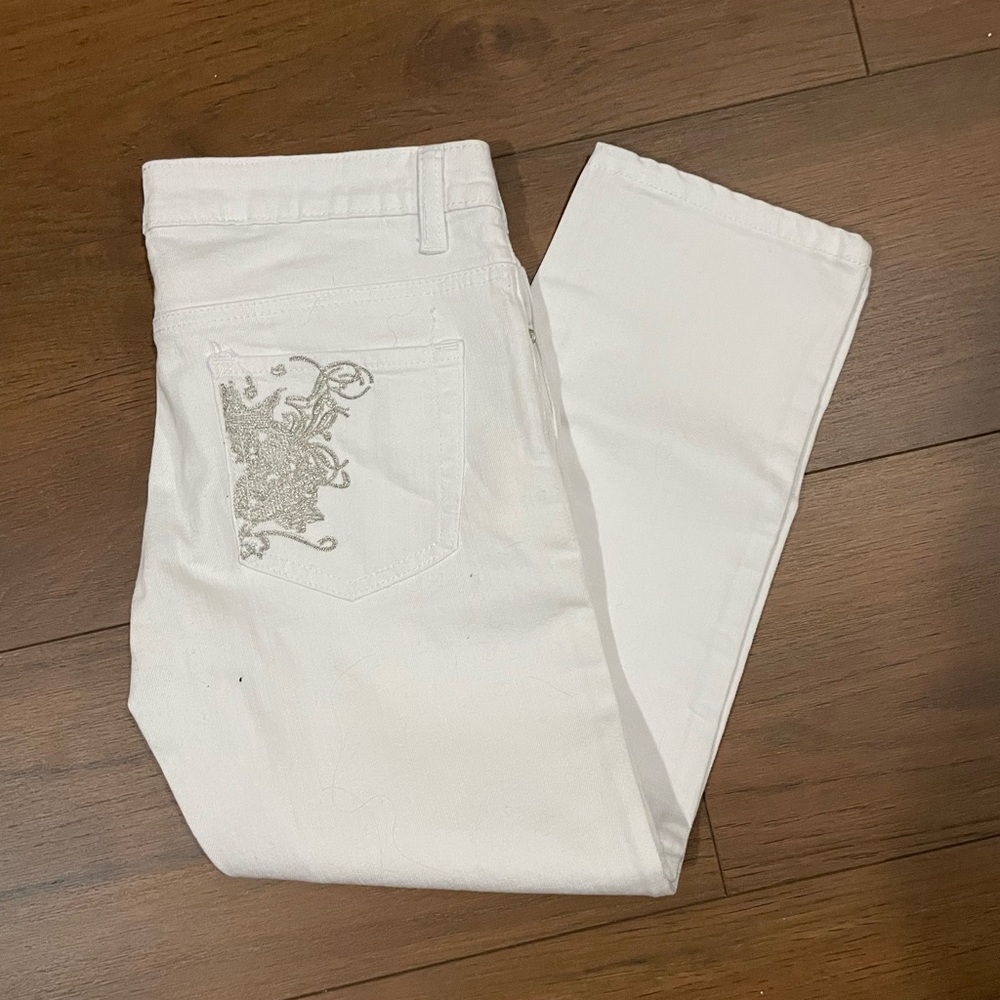 FUBU White Jeans with Gold and Red Details